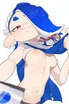 1girl blue_hair blush breasts closed_mouth commission earrings hand_fan highres jewelry looking_at_viewer makingtawawa medium_breasts multiple_earrings nipples red_eyes revealing_clothes sarashi sarashi_pull shiver_(splatoon) simple_background skeb_commission smile solo splatoon_(series) splatoon_3 stomach tentacle_hair upper_body white_background 