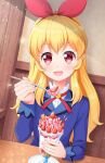  1girl 7fuji_06 aikatsu! aikatsu!_(series) blonde_hair blush bow brooch eating food fruit hair_bow highres holding holding_spoon hoshimiya_ichigo ice_cream indoors jewelry long_hair long_sleeves looking_at_viewer neck_ribbon open_mouth parfait pink_eyes pocky ribbon school_uniform smile solo spoon strawberry table upper_body wafer 