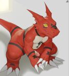  bandai_namco black_body clawed_fingers claws digimon digimon_(species) erection fangs guilmon hi_res male red_body simple_background solo tail teeth tongue tongue_out unknown_artist white_body yellow_eyes 
