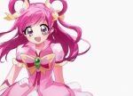  1girl bow brooch butterfly_brooch butterfly_earrings commentary_request cure_dream earrings eyelashes hair_ornament hair_rings highres jewelry kamogawa140 long_hair magical_girl open_mouth pink_hair precure purple_eyes smile solo white_background yes!_precure_5 yumehara_nozomi 