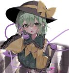  1girl black_headwear bow buttons diamond_button frilled_shirt_collar frilled_sleeves frills green_hair green_skirt hat hat_bow hat_ribbon heart heart_of_string highres komeiji_koishi ribbon shirt skirt solo third_eye touhou wide_sleeves yellow_ribbon yellow_shirt yumeno_ruruka 