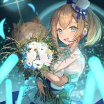  1girl :d aqua_bow aqua_bowtie back_bow blonde_hair blue_eyes blue_skirt blush bouquet bow bow_skirt bowtie corset diffraction_spikes double-parted_bangs flower glowstick hat headpiece holding holding_bouquet hololive hololive_idol_uniform_(bright) jacket kazama_iroha large_bow layered_skirt looking_at_viewer medium_hair mini_hat mini_top_hat open_mouth pokobee ponytail puffy_short_sleeves puffy_sleeves sash shirt short_sleeves skirt smile solo stage tilted_headwear top_hat underbust upper_body virtual_youtuber waist_bow white_headwear white_jacket white_shirt white_skirt xyunx 