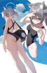  1girl ? absurdres animal_ear_fluff animal_ears ass bag blue_archive blue_eyes blue_sky blush breasts cloud cross_hair_ornament day duffel_bag from_below grey_hair hair_ornament highres medium_breasts mismatched_pupils multiple_views one-piece_swimsuit outdoors parted_lips shiroko_(blue_archive) shiroko_(swimsuit)_(blue_archive) short_ponytail shun&#039;ya_(daisharin36) sky spoken_question_mark swimsuit thighs wading wolf_ears 