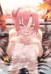  1girl autumn_leaves bathing blush breasts cleavage collarbone completely_nude covering_privates hair_bun highres kinom_(sculpturesky) large_breasts leaf looking_at_viewer maple_leaf medium_hair nude nude_cover onsen open_mouth orange_eyes own_hands_together partially_submerged pink_hair single_hair_bun single_side_bun sitting solo water wet_towel window yahari_ore_no_seishun_lovecome_wa_machigatteiru. yuigahama_yui 