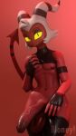  anthro bloney clothing crop_top demon genitals helluva_boss hi_res horn humanoid_genitalia humanoid_penis imp latex legwear male moxxie_(helluva_boss) moxxie_(valorlynz) penis red_body rubber shirt thigh_highs topwear yellow_eyes 