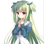  1girl blue_ribbon blunt_bangs blush cariboy closed_mouth commentary_request cropped_jacket eyelashes eyes_visible_through_hair green_hair green_jacket hair_ribbon hands_up hime_cut jacket long_hair long_sleeves looking_afar murasame_(senren) official_alternate_costume own_hands_together red_eyes ribbon sailor_collar school_uniform senren_banka shirt sidelocks simple_background smile solo steepled_fingers straight_hair two_side_up upper_body very_long_hair white_background white_sailor_collar white_shirt 