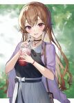  1girl :d absurdres bare_shoulders black_choker black_ribbon black_shirt blush braid brown_hair choker crown_braid cup day disposable_cup earrings furen_e_lustario highres holding holding_cup jewelry long_hair looking_at_viewer myske_(myst34415756) necklace nijisanji open_mouth outdoors pink_eyes ribbon shirt skirt smile solo very_long_hair virtual_youtuber white_skirt wide_sleeves wristband 