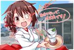  brown_eyes brown_hair drink furutaka_(kancolle) glass glowing glowing_eye hair_ornament hair_ribbon hairclip heterochromia highres japanese_clothes kantai_collection kimono kutone_shirika low_ponytail open_mouth peppermint red_ribbon ribbon short_hair short_ponytail smile white_kimono 