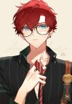  1boy aleo amagi_hiiro aqua_eyes bespectacled black-framed_eyewear character_name collared_shirt commentary earrings ensemble_stars! glasses highres holding_necktie hoop_earrings jewelry keito_lecture_(ensemble_stars!) long_sleeves male_focus necktie official_alternate_costume open_collar parted_lips partially_unbuttoned red_hair shirt short_hair single_earring solo spade_(shape) striped striped_necktie striped_shirt suspenders symbol-only_commentary upper_body vertical-striped_shirt vertical_stripes 