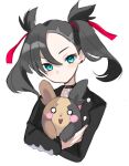  1girl black_choker black_jacket choker closed_mouth commentary_request earrings eyelashes green_eyes hair_ribbon head_tilt highres holding holding_pokemon jacket jewelry long_sleeves looking_at_viewer marnie_(pokemon) morpeko morpeko_(full) pokemon pokemon_(creature) pokemon_(game) pokemon_swsh red_ribbon ribbon simple_background twintails ukocome upper_body white_background 