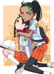  2girls :o backpack bag black_bag black_footwear black_hair black_pantyhose brown_eyes closed_mouth commentary_request eyelashes freckles from_side green_hair highres hug hug_from_behind juliana_(pokemon) logo long_hair lvetica multicolored_hair multiple_girls nemona_(pokemon) orange_eyes orange_shorts pantyhose pokemon pokemon_(game) pokemon_sv ponytail school_uniform shirt shoes short_sleeves shorts socks two-tone_hair white_socks 