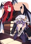  2girls alternate_costume book capelet gloves highres himadera holding holding_book koakuma long_hair multiple_girls patchouli_knowledge purple_eyes purple_hair reading red_eyes red_hair touhou white_gloves wide_sleeves 