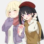  2girls absurdres anime_oekaki13 black_hair blonde_hair blush commentary_request crepe eating food fruit grey_background highres inoue_takina jacket long_hair long_sleeves lycoris_recoil multiple_girls nishikigi_chisato open_mouth purple_eyes purple_jacket red_headwear red_scarf scarf shirt short_hair simple_background strawberry upper_body white_shirt 