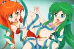  2girls armor ayanokouji_rem bikini bikini_armor bikini_bottom_aside bikini_pull blush breasts caron_(rall) clothes_pull clothing_aside commission commissioner_upload crossover dream_hunter_rem fugetsu_taku green_eyes green_hair holding_hands long_hair multiple_girls navel open_mouth orange_hair pink_bikini ponytail pussy_sandwich rape red_bikini restrained sf_choujigen_densetsu_rall skeb_commission small_breasts spread_legs swimsuit tentacles tentacles_under_clothes thighs trait_connection two-tone_bikini very_long_hair 