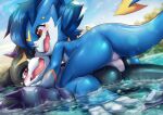 anthro anthro_on_anthro bandai_namco blue_hair blue_sky blue_tail blush butt cheek_to_cheek claws digimon digimon_(species) face_squish fan_character featureless_crotch hair one_eye_closed partially_submerged pink_tongue scales shoru sky squish tail tongue veemon water wet wet_body wet_scales 