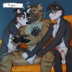  2023 absurd_res anthro balls black_body black_fur blush canid canine canis clothed clothing controller domestic_dog english_text erection erection_under_clothing fur furniture gakujo game_controller genitals group hi_res holding_bulge humanoid_genitalia humanoid_penis hyena male male/male mammal on_sofa penis sitting sofa speech_bubble striped_body striped_fur striped_hyena stripes text trio underwear white_body white_fur 