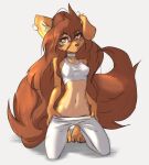  2023 absurd_res anthro apogee_(tinygaypirate) barefoot bottomwear bottomwear_down bra breasts canid canine canis choker claws clothed clothing digital_media_(artwork) domestic_dog feet female female_anthro floppy_ears fur hair hi_res jewelry kemono kneeling long_hair looking_at_viewer mammal midriff navel necklace orange_eyes pants pants_down partially_clothed pawpads paws piercing simple_background small_breasts solo spitz sports_bra tail tattoo tinygaypirate toe_claws toes underwear white_background 
