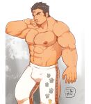  1boy abs absurdres arm_hair bara black_hair brown_hair bulge chest_hair cross_scar dark-skinned_male dark_skin facial_hair feet_out_of_frame hairy highres houzouin_oniwaka konoji_(ac_oekk) large_pectorals long_sideburns male_focus mature_male muscular muscular_male navel nipples pants paw_print pectorals scar scar_on_face scar_on_forehead short_hair sideburns solo standing stomach stubble thick_eyebrows thighs tight_clothes tight_pants tokyo_afterschool_summoners topless_male white_pants wiping_blood 