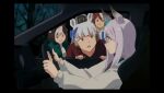  4girls animal_ears aqua_bow balladeluce blue_bow blue_eyes blue_hoodie bow braid brown_hair car car_interior collared_jacket commentary_request ear_bow ear_ornament french_braid from_side frown gold_ship_(umamusume) green_jacket grey_hair hair_between_eyes highres hood hood_down hoodie horse_ears horse_girl jacket long_sleeves mejiro_mcqueen_(umamusume) motor_vehicle multicolored_hair multiple_girls open_clothes open_jacket open_mouth parody pillbox_hat purple_eyes red_sweater seatbelt shirt short_hair special_week_(umamusume) steering_wheel streaked_hair sweater tokai_teio_(umamusume) umamusume white_hair white_shirt white_sweater 