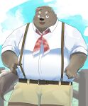  2023 absurd_res anthro belly big_belly black_nose bottomwear brown_body canid canine canis clothing domestic_dog en_1_9 hi_res kemono male mammal outside overweight overweight_male shirt shorts solo suspenders topwear 