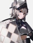  1girl absurdres animal_ears arknights armor ashlock_(arknights) belt belt_pouch black_eyes crop_top grey_hair highres hinami047 looking_at_viewer midriff_peek oripathy_lesion_(arknights) parted_lips pouch shield short_hair shoulder_armor simple_background solo squirrel_ears upper_body visor_(armor) white_background 