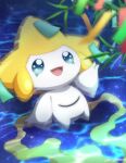  :d artist_name bamboo blue_eyes blurry blurry_foreground caustics commentary_request depth_of_field full_body highres jirachi light_particles monaka_(hc_pkmn) no_humans open_mouth pokemon pokemon_(creature) smile solo tanabata tanzaku twitter_username water 