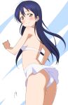 1girl ass bikini bikini_skirt blue_hair blush breasts closed_mouth from_behind highres long_hair looking_at_viewer looking_back love_live! love_live!_school_idol_project nagi_mkrnpn small_breasts smile solo sonoda_umi standing swimsuit white_bikini yellow_eyes 