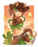  1girl animal_ears arm_garter bandana bare_shoulders belt blue_eyes breasts brown_gloves brown_headwear cactus cowboy_hat crop_top ears_through_headwear finger_gun gloves green_shirt green_skirt gun hair_ornament hat highres holster holstered_weapon horse_ears horse_girl horse_tail medium_breasts midriff miniskirt navel one_eye_closed open_mouth pointing pointing_at_viewer ponytail revolver rio_(rio_067) shirt skirt sleeveless sleeveless_shirt smile solo star_(symbol) star_hair_ornament taiki_shuttle_(umamusume) tail umamusume upper_body weapon 