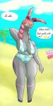  1:2 antennae_(anatomy) anthro anthrofied arthropod beach big_breasts blue_clothing blue_swimwear blush breasts clothing dialogue english_text eyelashes eyeshadow female flying_afro generation_5_pokemon grey_body hand_behind_head hi_res looking_at_viewer makeup navel_outline nintendo non-mammal_breasts pokemon pokemon_(species) pokemorph purple_eyeshadow sand scolipede seaside solo swimwear talking_to_viewer text thick_thighs wide_hips yellow_sclera 