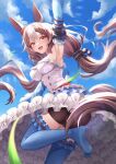  1girl absurdres animal_ears armpits bike_shorts breasts brown_hair cloud detached_sleeves frills hair_between_eyes hair_ornament highres horse_ears horse_girl leg_up looking_at_viewer low_twintails medium_breasts open_mouth rengkong sky solo thighhighs twintails umamusume yamanin_zephyr_(umamusume) 