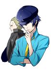  1boy 1girl androgynous black_jacket blonde_hair blue_eyes blue_headwear blue_shirt blush cabbie_hat closed_mouth collared_shirt cropped_torso crossdressing hair_between_eyes hair_slicked_back hand_up hat highres igusaharu jacket long_sleeves looking_at_viewer necktie open_clothes open_jacket persona persona_4 shadow shirogane_naoto shirt short_hair simple_background tatsumi_kanji white_background yellow_necktie 