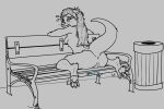  anthro anus bench bodily_fluids breasts butt exhibitionism female genitals hair hi_res mammal mustelid otter presenting presenting_hindquarters pterotired public pussy signature simple_background solo sweat 