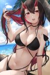  1girl beach bikini black_bikini black_hair blue_sky breasts colored_inner_hair day demon_girl demon_tail highres horns large_breasts long_hair looking_at_viewer morros multicolored_hair nail_polish navel original red_eyes red_hair sky smile solo sunlight swimsuit tail very_long_hair 