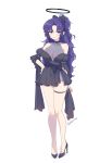  1girl absurdres alternate_costume ash_(cat7evy) black_dress blue_archive blush bow breasts cleavage collarbone dress full_body hair_bow halo hand_on_own_hip highres large_breasts looking_at_viewer parted_bangs plunging_neckline purple_hair see-through_cleavage signature simple_background solo thigh_strap white_background yuuka_(blue_archive) 