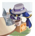  artist_name blue_cape cape coffee_cup commentary cube cup disposable_cup english_commentary epaulettes full_body grey_background grey_headwear holding holding_cup kirby_(series) marx_(kirby) meta_knight newspaper no_humans purple_footwear sitting solo star_(symbol) winonight yellow_eyes 