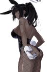  1girl animal_ears ass black_hair blue_archive blush breasts closed_mouth cowboy_shot dark-skinned_female dark_skin fake_animal_ears fake_tail fishnet_pantyhose fishnets gloves halo highres karin_(blue_archive) karin_(bunny)_(blue_archive) kawatiw large_breasts long_hair official_alternate_costume pantyhose playboy_bunny ponytail rabbit_ears rabbit_tail simple_background solo tail white_background white_gloves yellow_eyes 