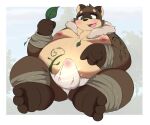  2023 anthro belly big_belly brown_body bulge canid canine clothed clothing erection erection_under_clothing feet hi_res kemono kusosensei leaf magic male mammal moobs nipples overweight overweight_male raccoon_dog shoutaro sitting solo tanuki underwear 