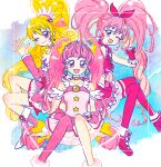  3girls :d ahoge aida_mana blonde_hair blue_eyes boots bow brooch choker cure_heart cure_melody cure_star dokidoki!_precure dress earrings eyelashes frills hair_ornament hand_up heart heart_brooch heart_hair_ornament high_ponytail hoppetoonaka3 hoshina_hikaru houjou_hibiki jewelry long_hair looking_at_viewer magical_girl midriff multiple_girls open_mouth pink_bow pink_choker pink_dress pink_eyes pink_hair pink_skirt pink_sleeves pink_thighhighs planet_hair_ornament ponytail precure ribbon simple_background single_thighhigh skirt smile star_(symbol) star_choker star_hair_ornament star_twinkle_precure suite_precure thighhighs twintails 
