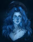  1girl artist_name blue_eyes blue_hair blue_lips blue_skin colored_skin commentary cracked_skin elden_ring english_commentary facial_tattoo glowing_tattoo highres lamissems lips long_hair moon one_eye_closed parted_lips ranni_the_witch solo tattoo wavy_hair 