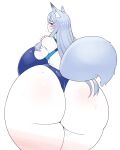  animal_humanoid big_breasts big_butt blue_hair blush blush_lines bodily_fluids breasts butt butt_focus canid canid_humanoid canine canine_humanoid clothing female fox_humanoid futon_(artist) hair hi_res huge_breasts huge_butt huge_thighs humanoid hyper hyper_breasts hyper_butt hyper_thighs long_hair looking_at_viewer looking_back looking_back_at_viewer mammal mammal_humanoid purple_eyes rear_view side_boob simple_background smile solo standing sweat swimwear tail thick_thighs 
