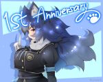  1girl animal_ears anniversary belt blazer blue_hair coroha dire_wolf_(kemono_friends) extra_ears gloves grey_eyes jacket kemono_friends kemono_friends_v_project long_hair looking_at_viewer microphone ribbon scarf simple_background skirt solo twintails virtual_youtuber wolf_ears wolf_girl 