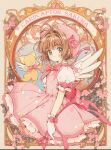  1girl brown_hair cardcaptor_sakura copyright_name dress glove_bow gloves green_eyes hair_intakes haniayuna33 highres kero kinomoto_sakura looking_at_viewer magical_girl pink_dress pink_headwear pink_ribbon puffy_short_sleeves puffy_sleeves ribbon short_sleeves sleeve_bow smile solo white_gloves white_wings wings 