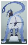  anthro anus areola big_butt biped blue_body breasts butt clothed clothing eyelashes female genitals goolee hi_res looking_at_viewer looking_back looking_back_at_viewer nipples panties panties_down partially_clothed pupils pussy scalie solo underwear underwear_down 