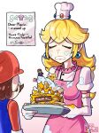  1boy 1girl absurdres adapted_costume apologizing apron bad_food blonde_hair blue_overalls brown_hair cake chef chef_hat collar crying earrings elbow_gloves facial_hair failure food frilled_collar frills gloves hat highres holding holding_cake holding_food holding_plate jewelry letter long_hair mag_(magdraws) mario mario_(series) mario_day messy mustache overalls pink_apron plate princess_peach red_headwear short_sleeves streaming_tears tears white_gloves 