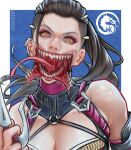  1girl ai_shou artist_name black_hair blue_background border breasts cleavage dagger english_commentary eyeliner highres holding holding_dagger holding_knife holding_weapon knife long_tongue looking_at_viewer makeup mask mileena mortal_kombat_(series) mortal_kombat_1_(2023) mouth_mask ninja_mask no_mask open_mouth orange_eyes ponytail sai_(weapon) saliva sharp_teeth slit_pupils solo teeth tongue upper_body weapon white_border 