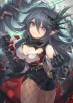  1girl absurdres black_hair breasts cleavage clenched_hands clothing_cutout fishnet_pantyhose fishnets gauntlets hair_ornament highres long_hair long_sleeves pantyhose pointy_ears purple_eyes puzzle_&amp;_dragons rakulog short_shorts shorts shoulder_cutout solo waist_cape zela_(p&amp;d) 