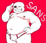  bone bubblecat colored_seam_briefs grin hand_on_head hand_on_leg hi_res looking_at_viewer male moobs nipples one_eye_closed overweight overweight_male red_eyes sans_(undertale) skeleton slightly_chubby smile solo undertale undertale_(series) 