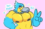  &lt;3 accipitrid accipitriform animal_crossing anthro avian beak big_pecs bird black_nipples blue_body blue_feathers blush clawzetto digital_media_(artwork) eagle feathers gesture keaton_(animal_crossing) male multicolored_body multicolored_feathers muscular muscular_male navel nintendo nipples pecs solo v_sign white_body white_feathers yellow_body yellow_feathers 