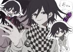 1boy :d absurdres black_eyes black_hair blood blush_stickers bottle buttons checkered_clothes checkered_scarf chibi danganronpa_(series) danganronpa_v3:_killing_harmony double-breasted fanta flipped_hair hand_up heart highres long_sleeves male_focus multiple_views oma_kokichi open_mouth purple_eyes scarf smile speech_bubble teeth wa_noko 