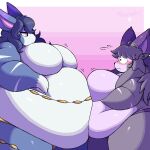  1:1 anthro anthrofied atsuineko belly belly_chain belly_dancer belly_dancer_outfit belly_size_difference belly_squish belly_to_belly big_belly big_breasts biped blue_body blue_fur blue_hair blush bodily_fluids border breasts clothed clothing digital_media_(artwork) dipstick_ears dithering duo eye_contact eyelashes fan_character fat_arms featureless_breasts female female/female flustered fur generation_4_pokemon gradient_background grey_body grey_fur grey_hair hair half-closed_eyes hand_on_stomach holding_breast huge_belly huge_breasts huge_hips huge_thighs lidded_eyes long_hair looking_at_another morbidly_obese morbidly_obese_anthro morbidly_obese_female motion_lines multicolored_body multicolored_ears multicolored_fur narrowed_eyes neck_tuft nintendo noelle_(atsuineko) obese obese_anthro obese_female overweight overweight_anthro overweight_female panties panties_only pink_background pixel_(artwork) pokemon pokemon_(species) pokemorph purugly restricted_palette screentone side_view signature simple_background size_difference squish sweat sweatdrop thick_thighs topless tuft two_tone_body two_tone_fur underwear underwear_only whiskers white_body white_border white_fur wide_eyed wide_hips yellow_eyes 